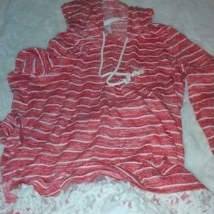 Youth Large, Pink and White stripes, light sweater, hooded, lace trim